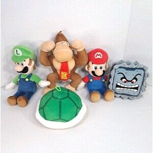 Super Mario Plush Lot Bundle 5 Mario, Luigi, Donkey Kong, Shell, Thwomp - 8" Toy